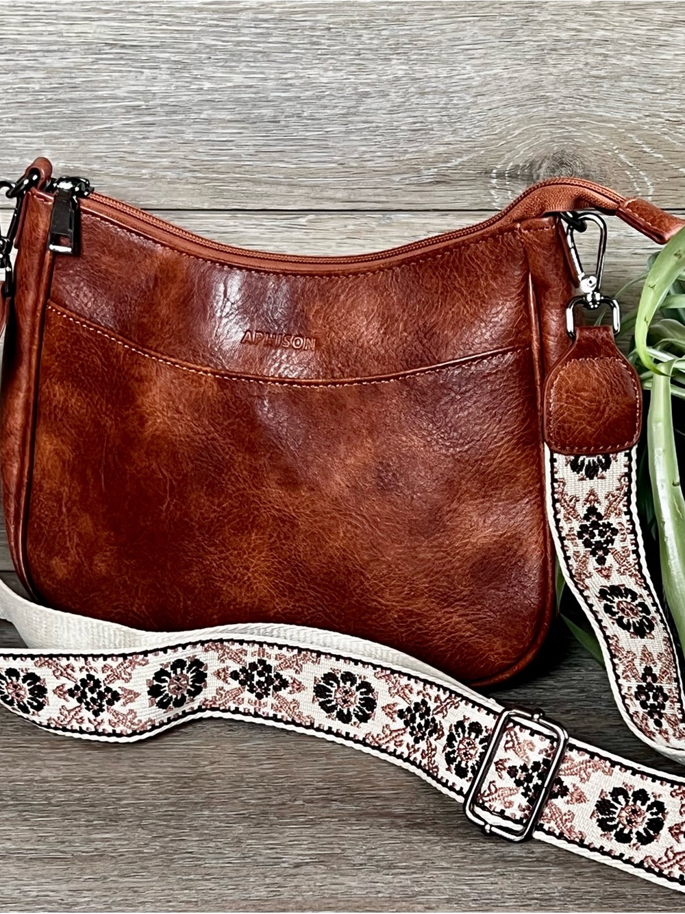 Women's Brown Crossbody Bag with wide Patterned Strap